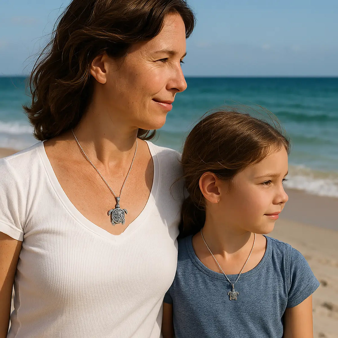 Woman and young girl standing on a beach with ocean in the background each wearing the 2 different sized silver turtle pendants.