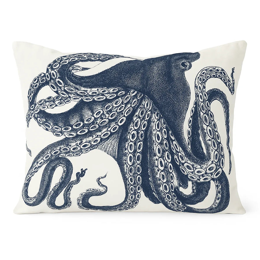 Rengöra navy octopus decorative pillow with detailed marine illustration on white background