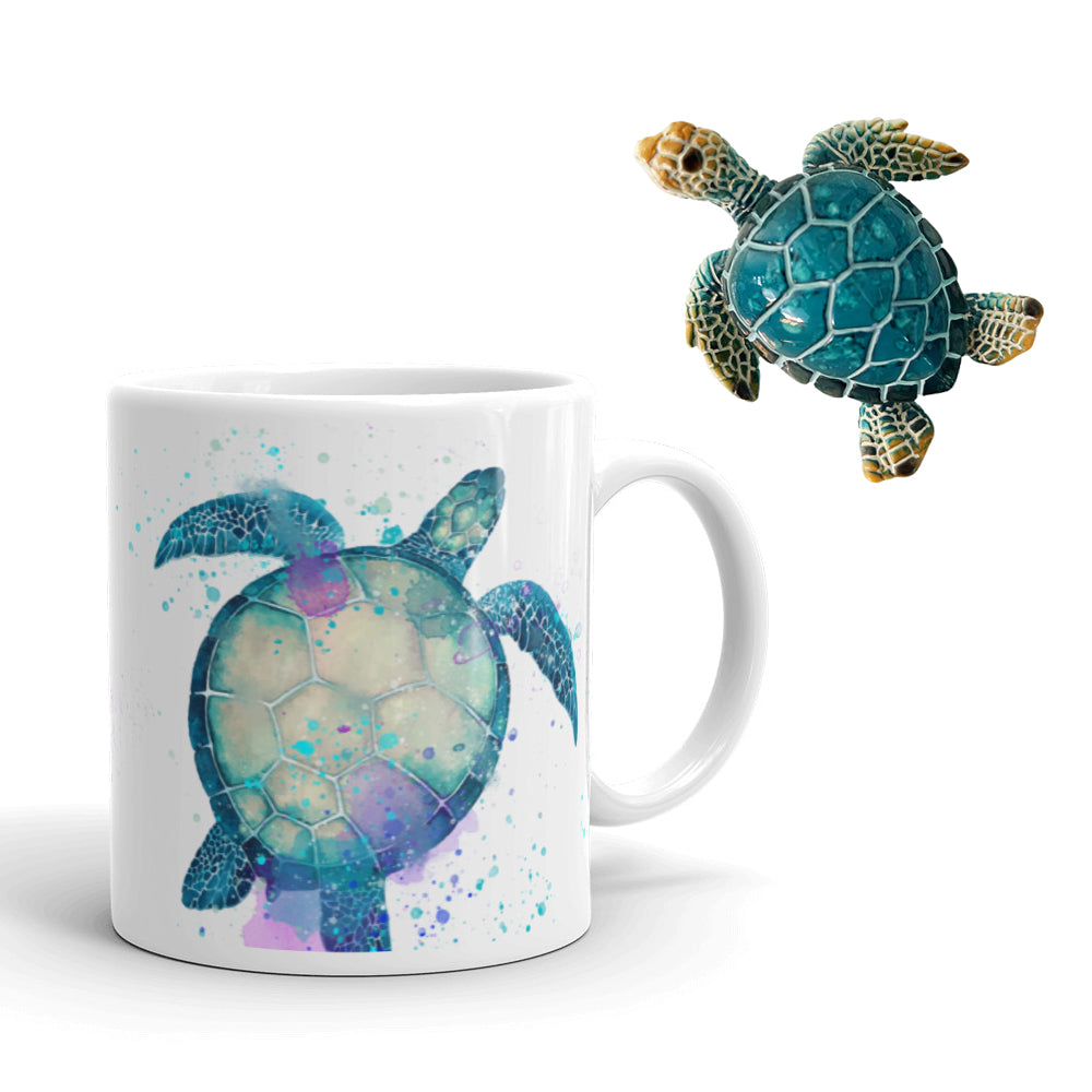 Rengora's colorful watercolor sea turtle design on a white mug paired with a blue turtle magnet shown on a white background