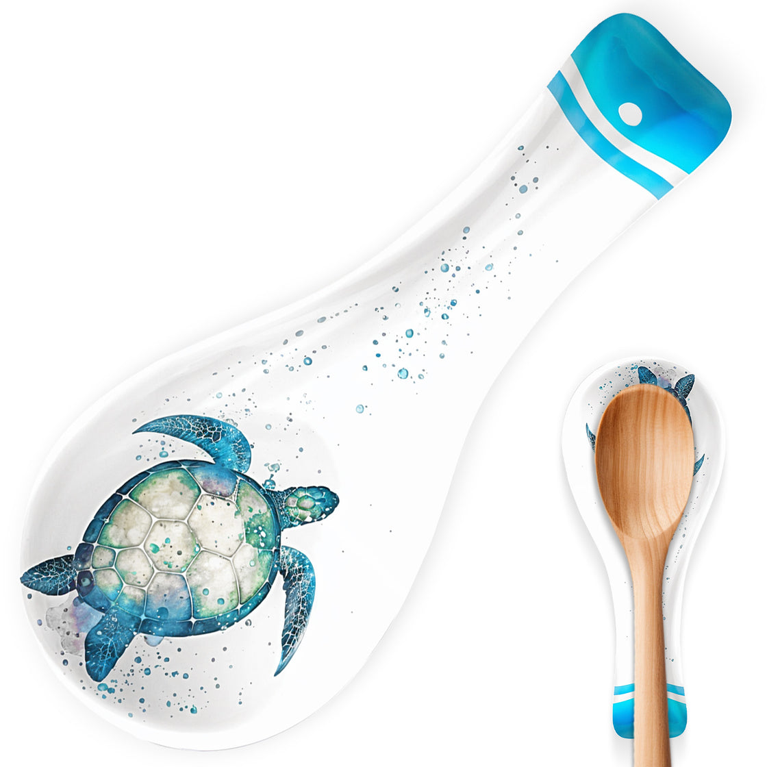 Hand-painted sea turtle ceramic spoon rest with teal accents on white background