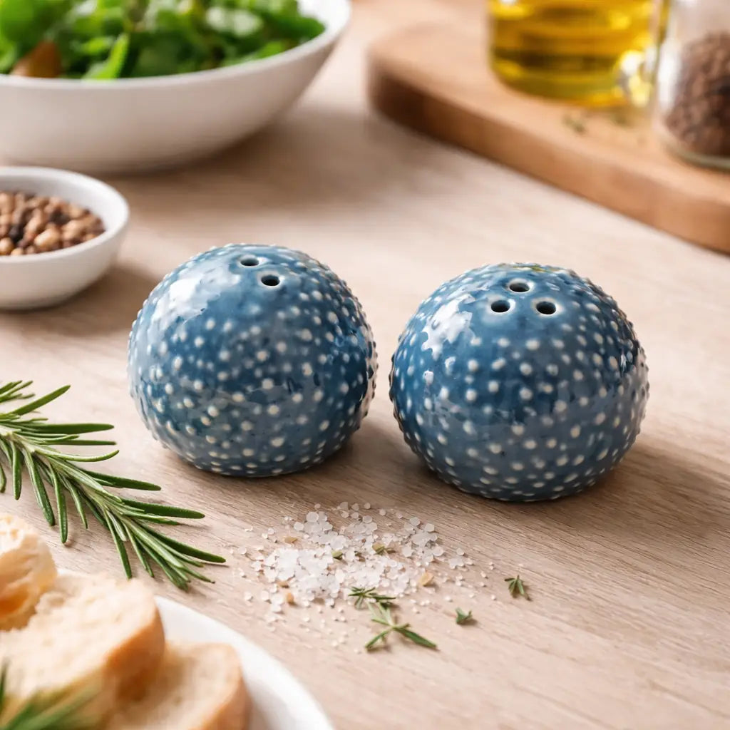 Two blue ceramic salt and pepper shakers on a wooden surface with bread and herbs.