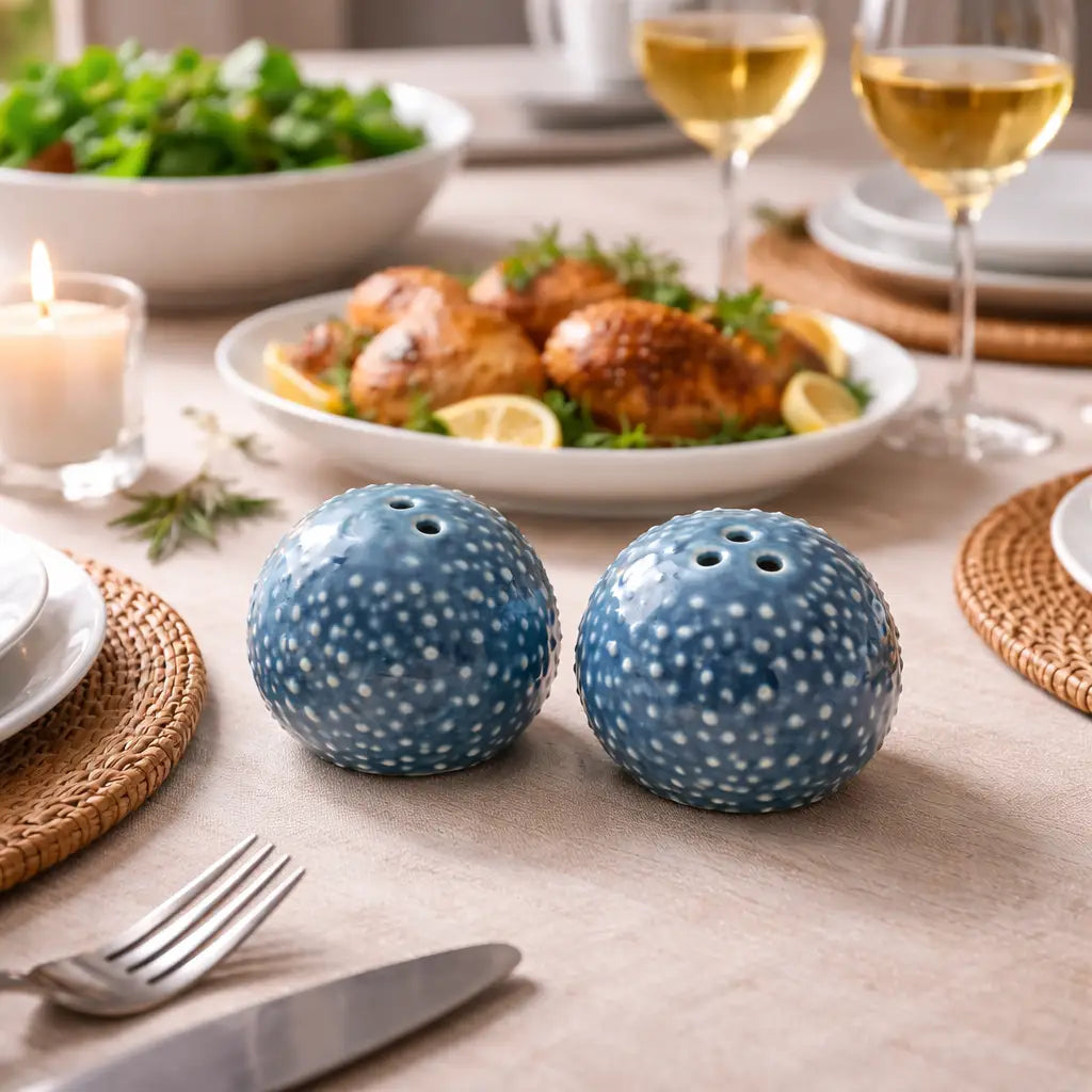 Blue speckled salt and pepper shakers on a dining table with food and glasses in the background.