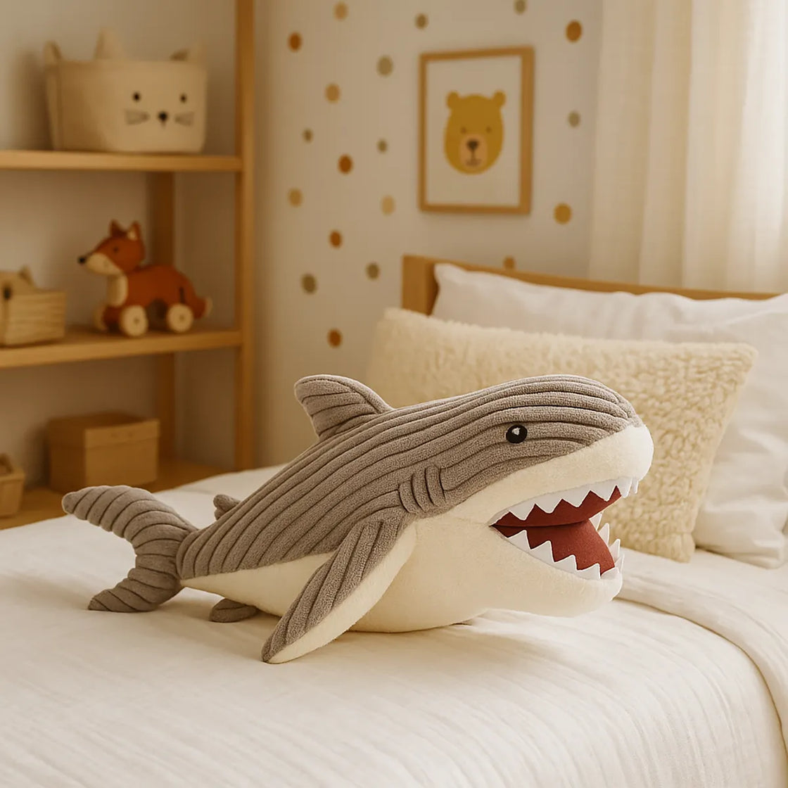 Rengöra plush shark toy in gray corduroy on child’s bed in coastal-themed nursery