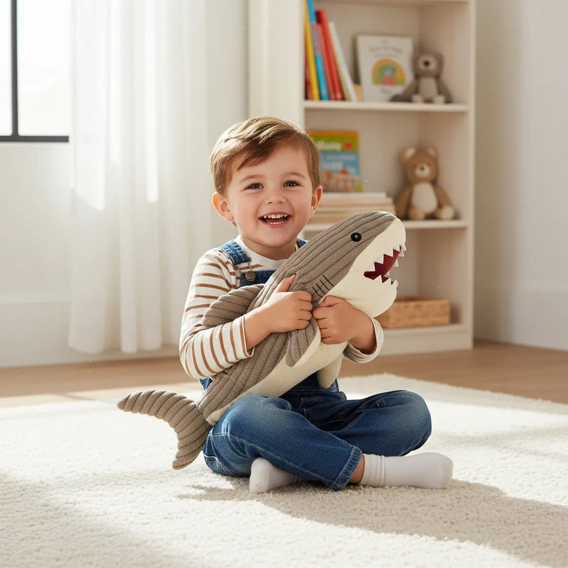 Child holding a shark plush toy in a room with a bookshelf and teddy bear.