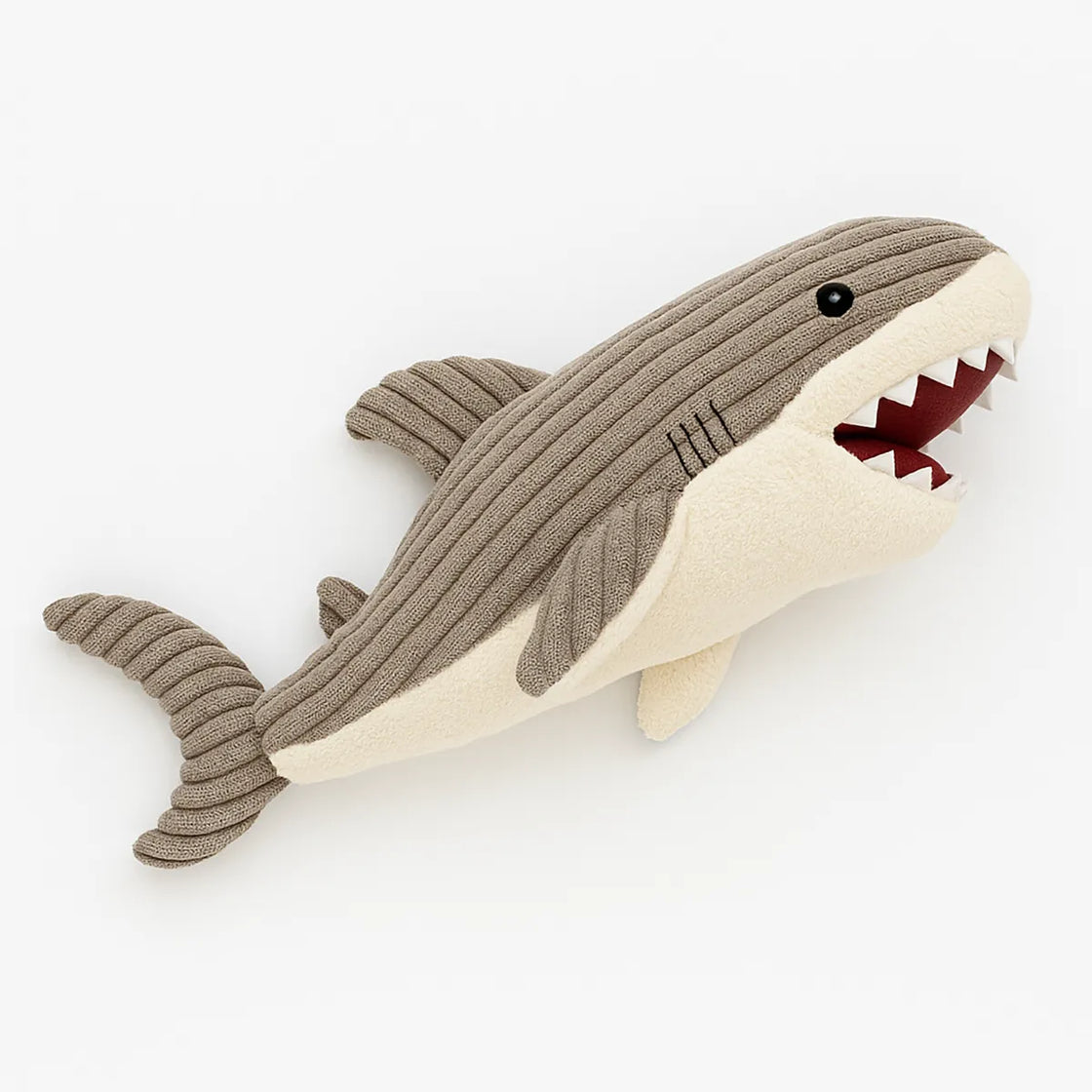 Rengöra gray corduroy shark stuffed animal with open mouth on white background
