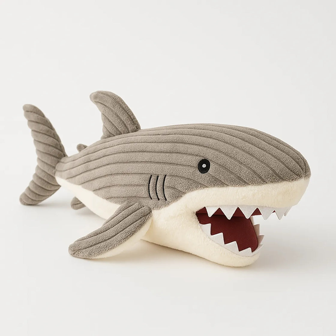 Rengöra plush shark toy made from ribbed corduroy fabric with soft cream underside