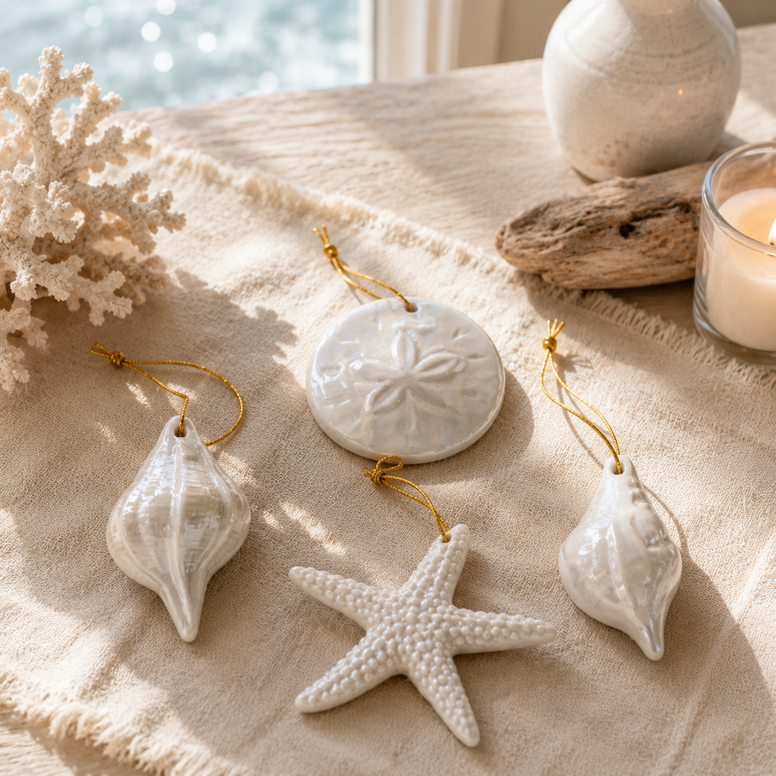 Coastal Pearl Ceramic Ornament Set (4) – Shells, Starfish & Sand Dollar Collection