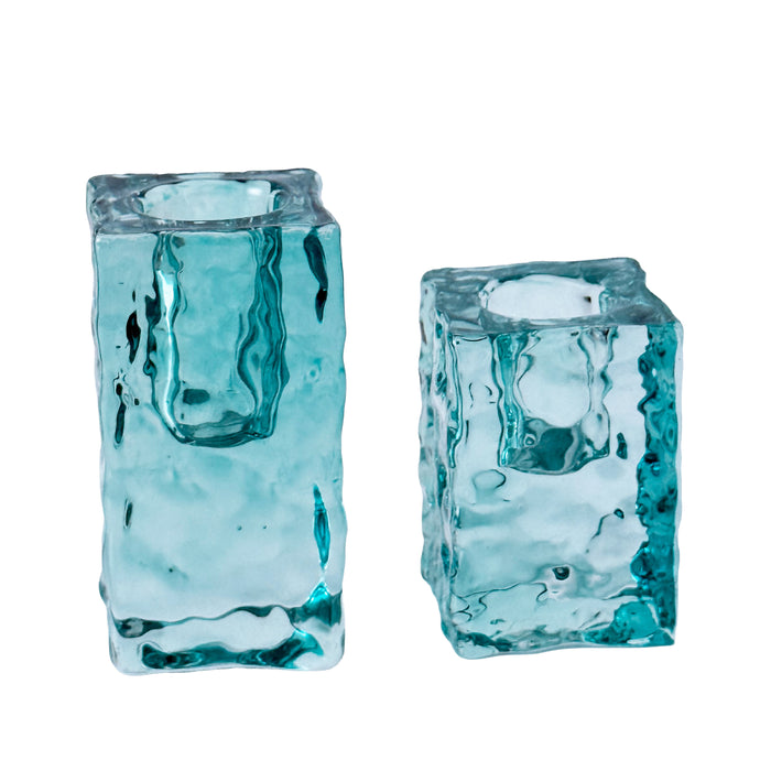 Turquoise Glass Taper Candle Holder – Modern Ocean-Inspired Decor (Set of 2)