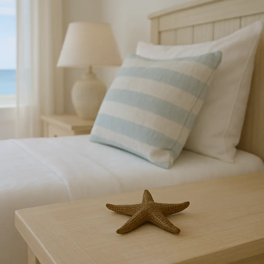Bedroom with striped pillow and starfish on a nightstand, overlooking a window with a view of water.