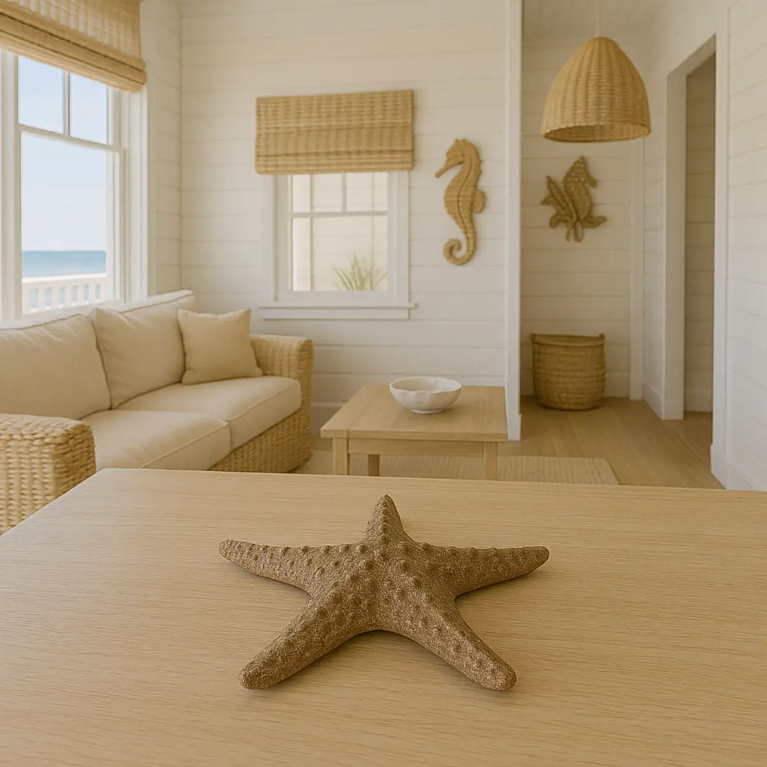 Living room with a starfish on a table, wicker furniture, and coastal decor.