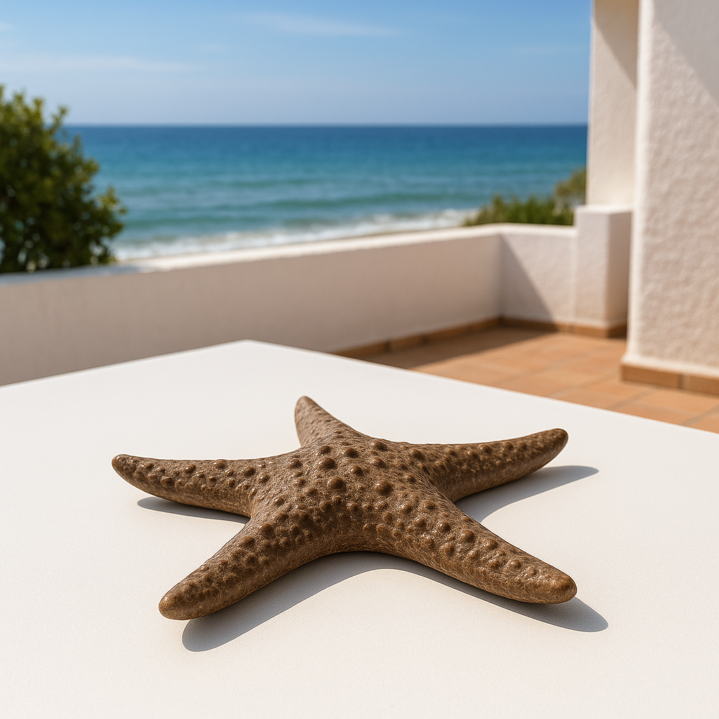 Decorative ceramic starfish on a patio table overlooking the ocean, perfect for beach house decor
