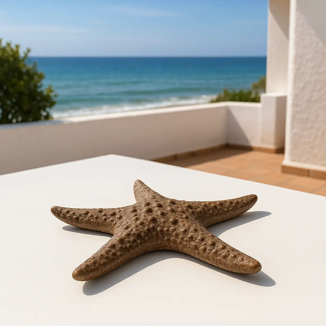 Starfish on a white surface with ocean view
