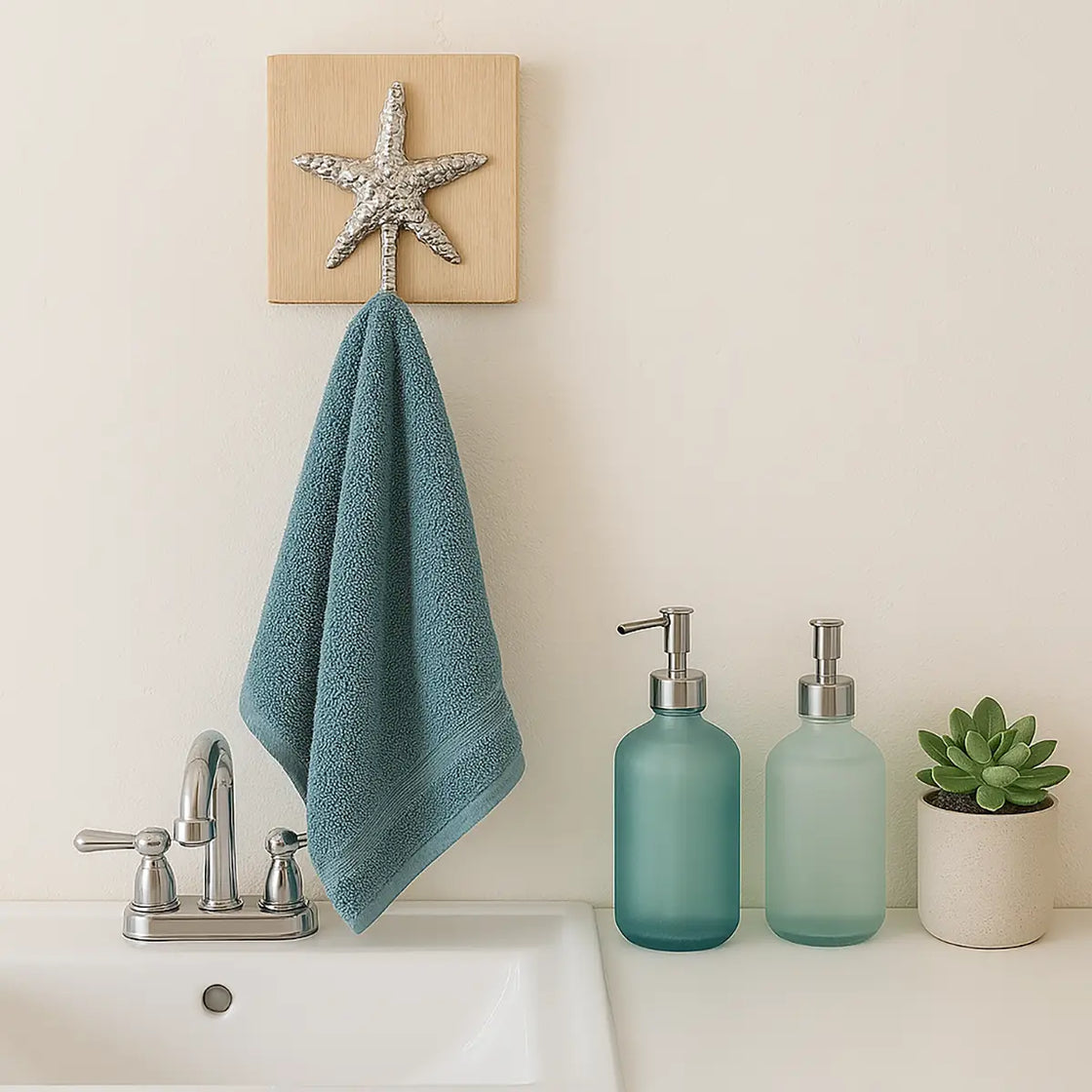 Teal towel hanging on a starfish hook above a sink with two soap dispensers and a plant.
