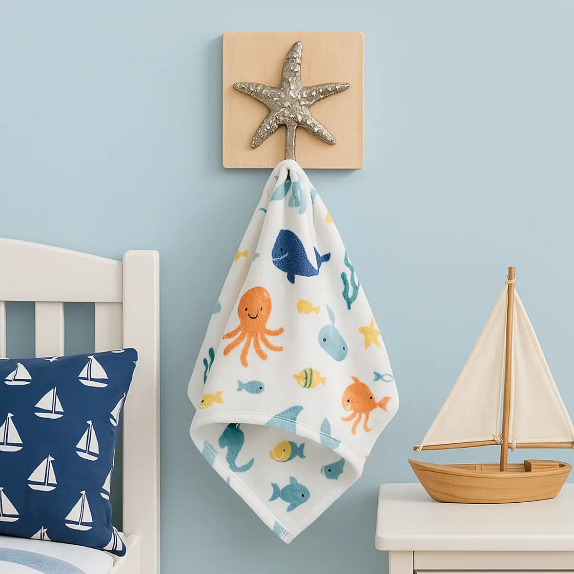 Children's room with a starfish decoration, towel with sea creature pattern, and sailboat model.