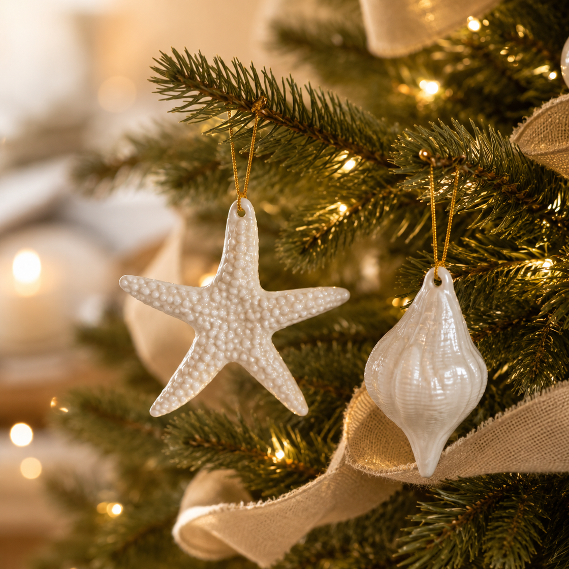 Closeup of starfish and seashell pearlescent ornaments on a beautiful Christmas tree with white lights and ribbon.
