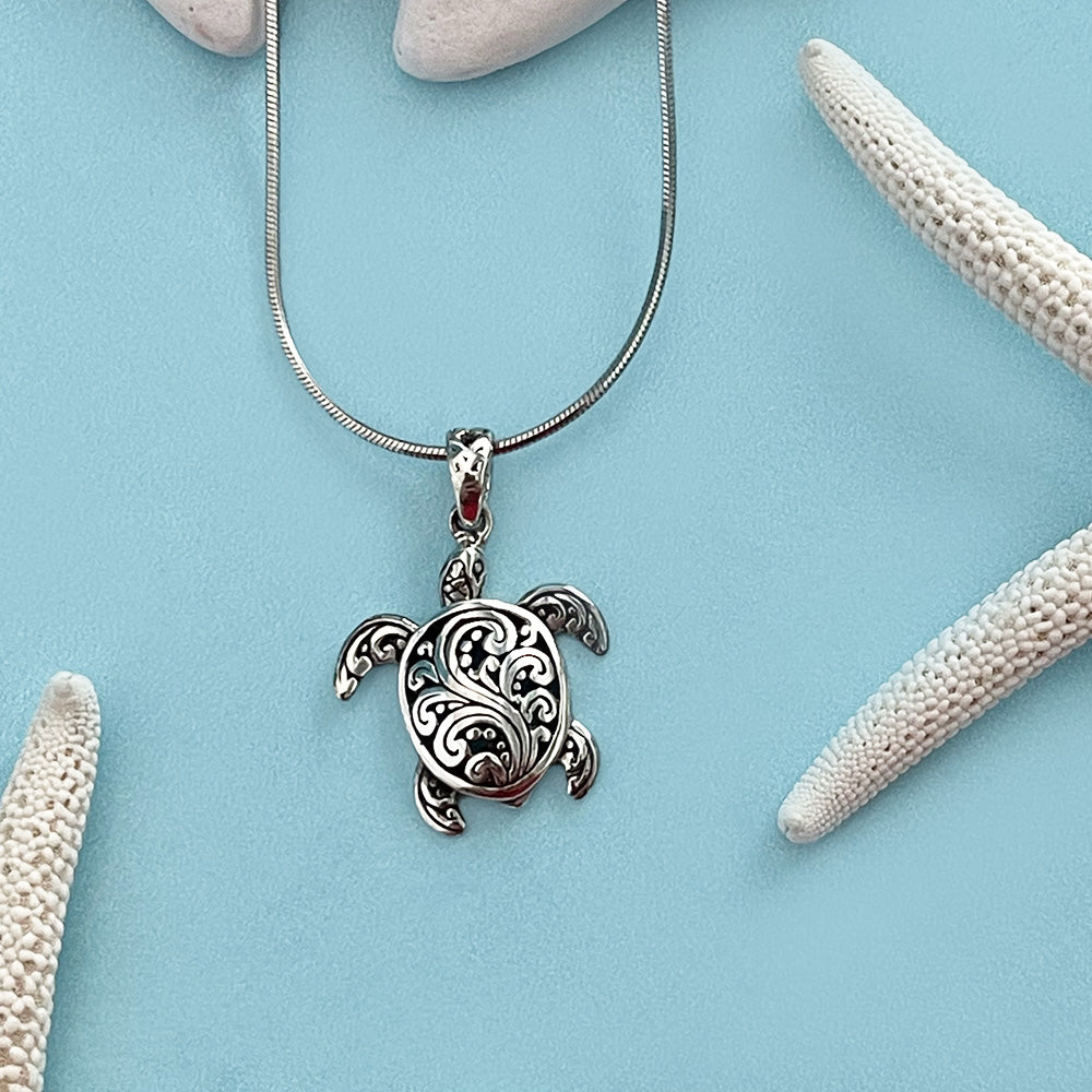 Rengora Sterling Silver Sea Turtle Pendant – Handmade Filigree Design - 2 Sizes