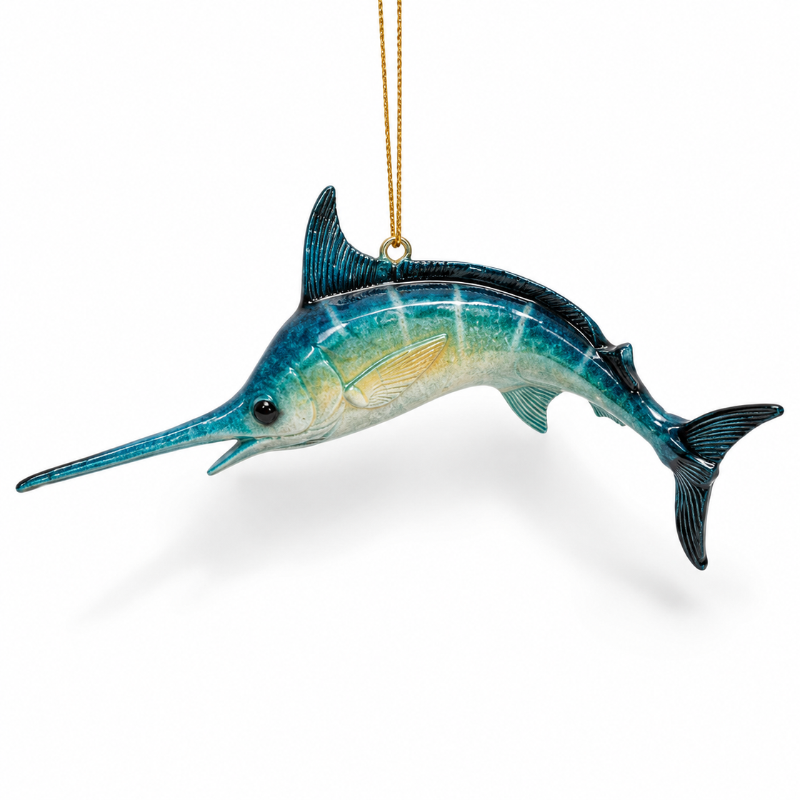 Decorative swordfish Christmas ornament on a white background