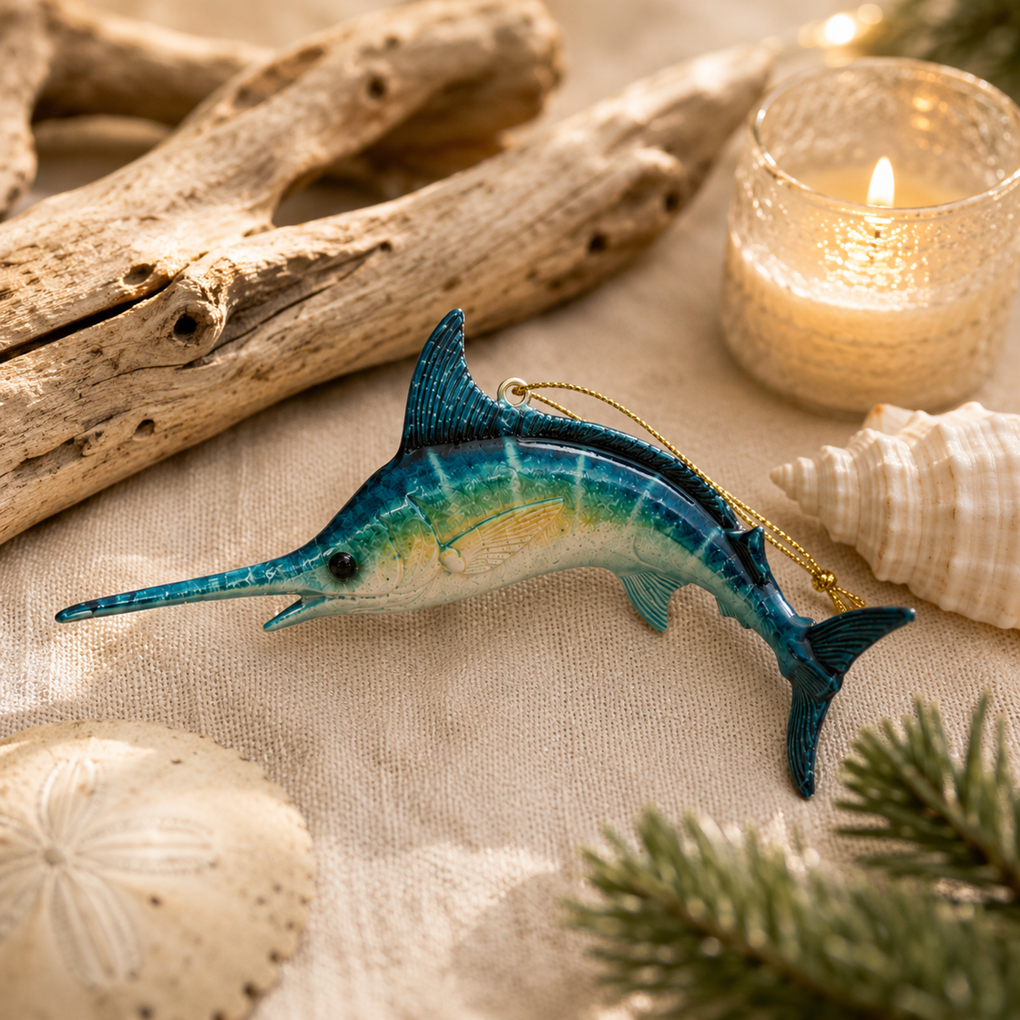 Decorative swordfish ornament on a textured surface with driftwood, shells, and a candle.