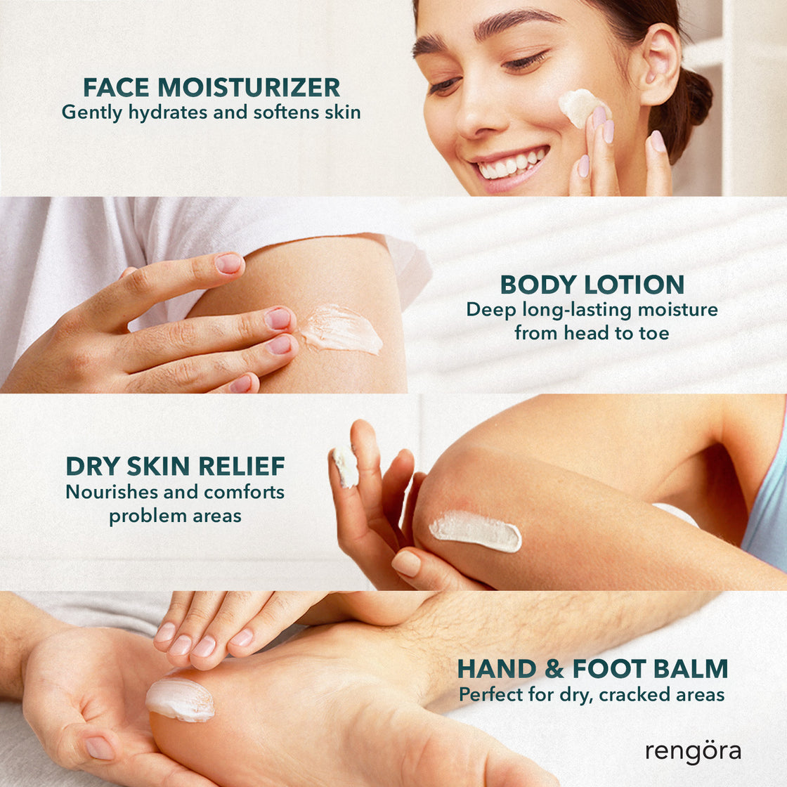 Collage of people applying Rengöra Whipped Tallow Lotion to face, elbows, and feet, with text highlighting uses as face moisturizer, body lotion, dry skin relief, and hand & foot balm.