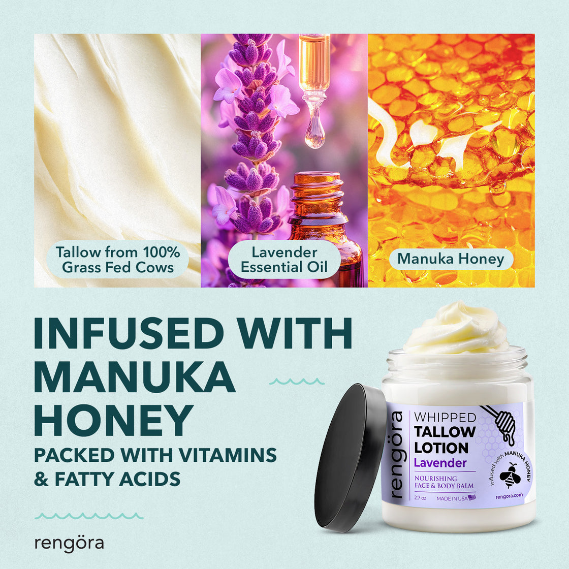 Close-up visuals of key ingredients: tallow, lavender essential oil, and Manuka honey. Product jar displayed at bottom right with text: “Infused with Manuka honey – packed with vitamins & fatty acids.” Branded with Rengöra logo
