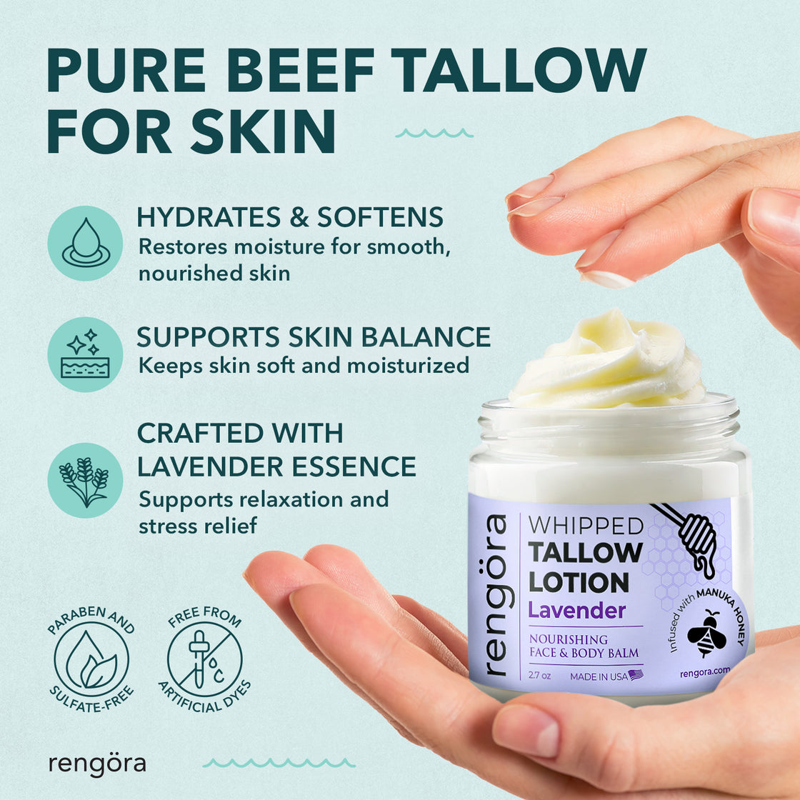 Hand scooping whipped tallow lotion from a jar. Text reads: “Pure beef tallow for skin” with benefits listed: hydrates & softens, supports skin balance, and crafted with lavender essence. Icons show it is paraben-free, sulfate-free, and dye-free