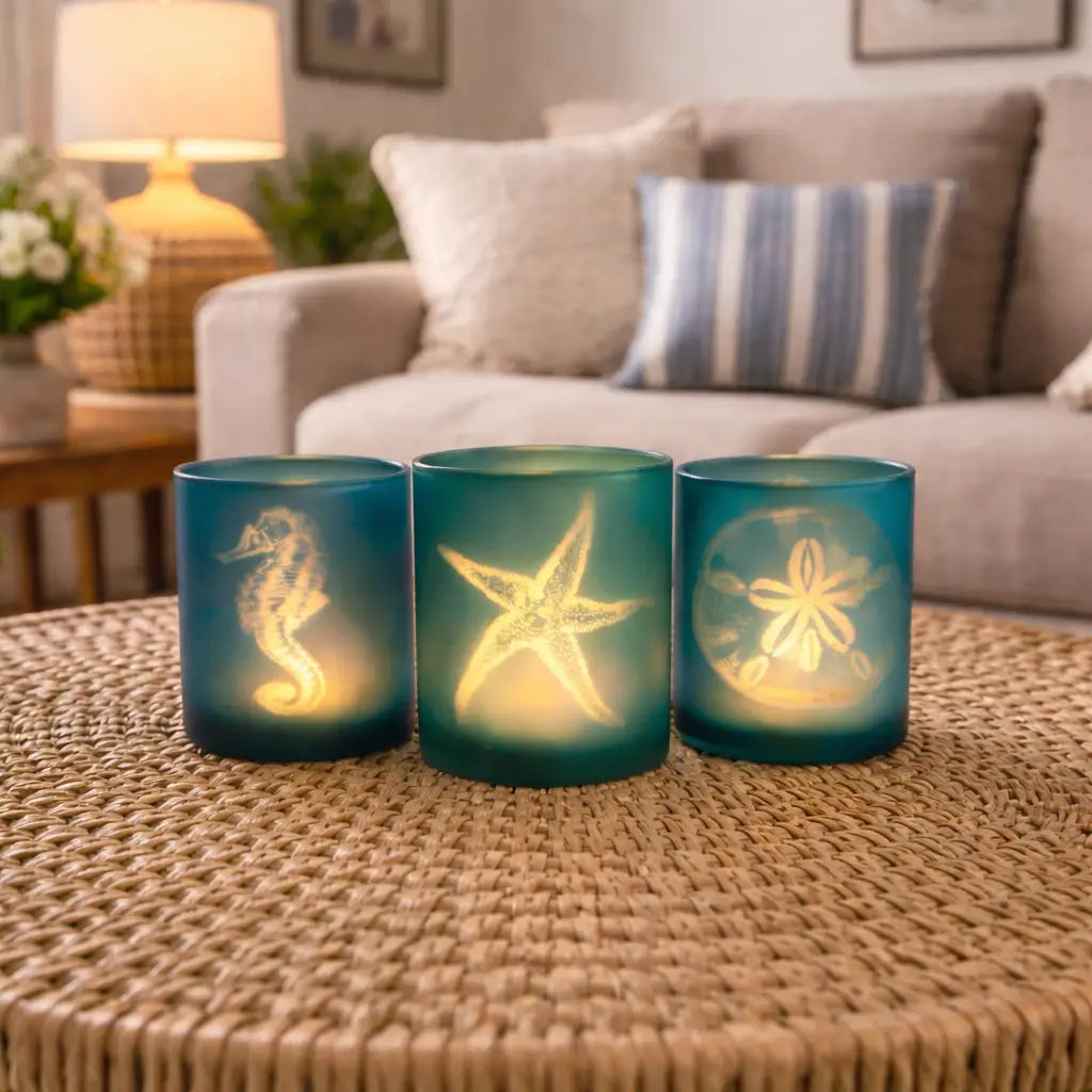 Three decorative candles with seahorse, starfish, and sand dollar designs on a woven table in a living room.