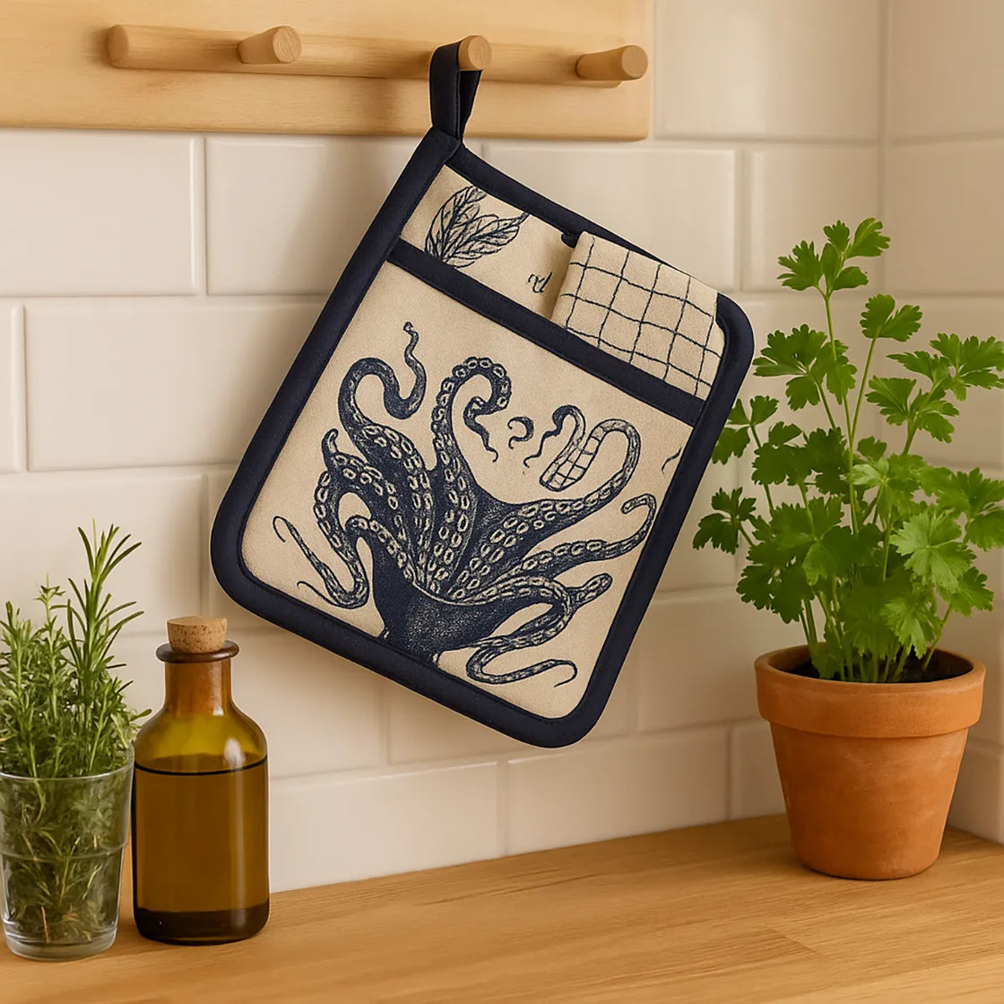 Rengöra navy and ivory octopus potholder hanging in coastal-style kitchen