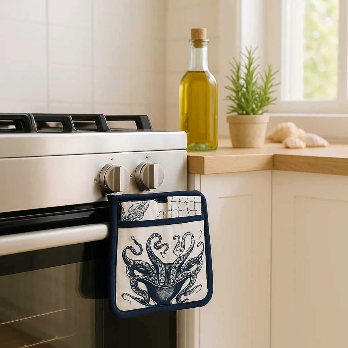 Rengöra octopus potholder with navy trim hanging on oven handle in bright kitchen