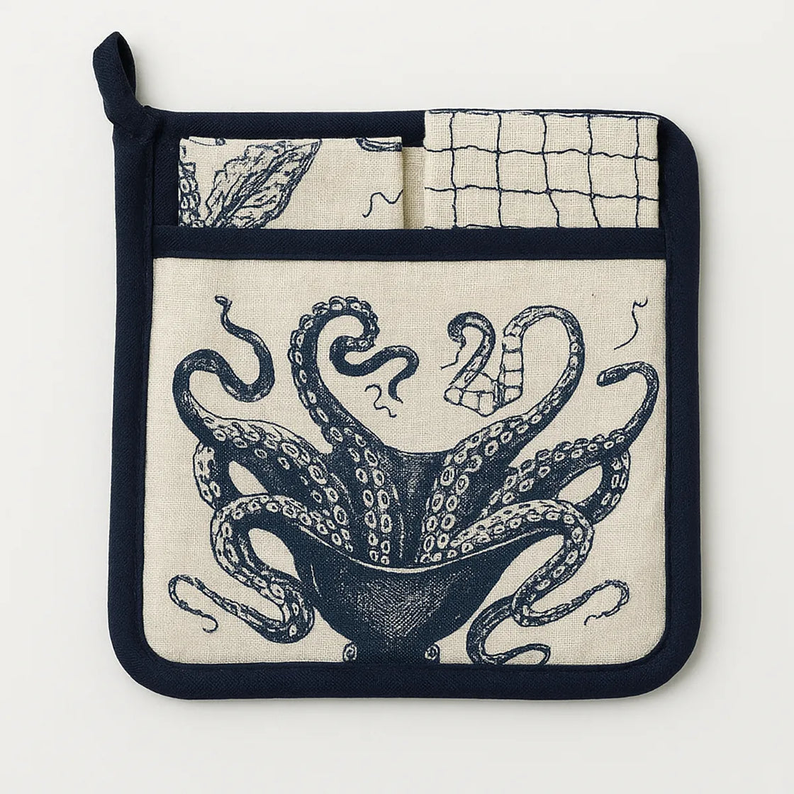 Rengöra cotton octopus potholder with matching tea towel set on white background