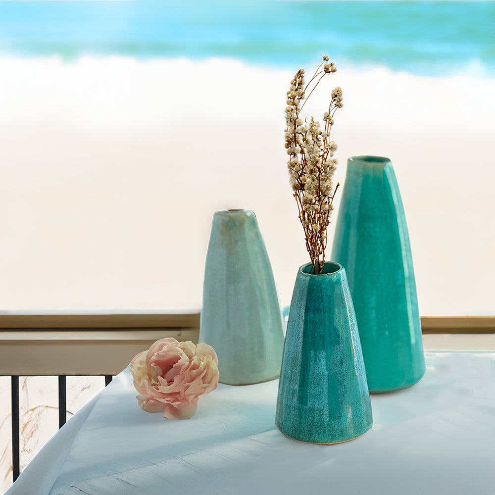 Set of 3 Ceramic Teal + Green Vases
