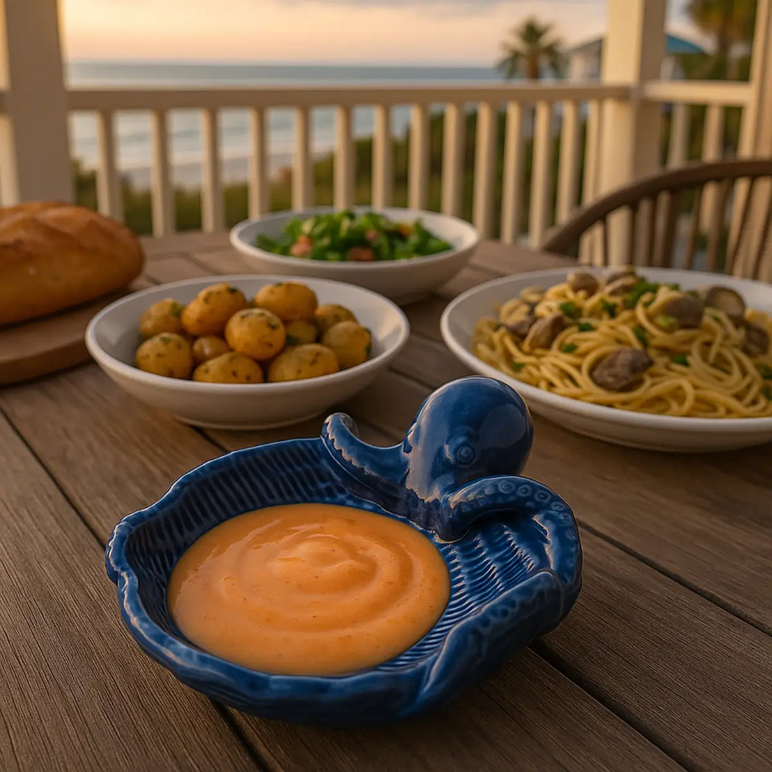 Dishes of food including pasta, bread, and a blue octopus-shaped bowl with a sauce on a wooden table with a scenic background.