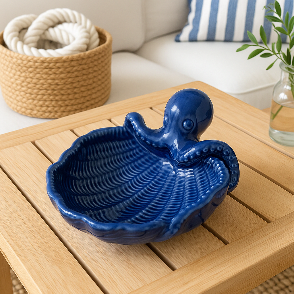 Glossy blue ceramic trinket tray shaped like a seashell with octopus detail on a coastal-style wooden coffee table