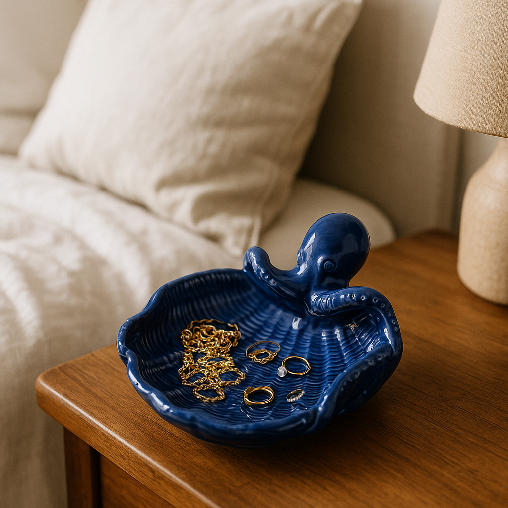 Blue ceramic jewelry tray with octopus design holding rings and necklaces on a bedside table in a beach-themed bedroom
