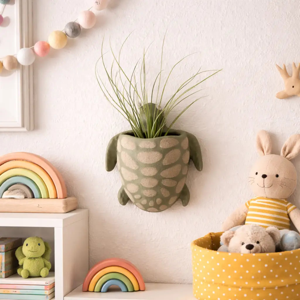 Children's room with turtle-shaped plant pot, rainbow toys, and stuffed animals.
