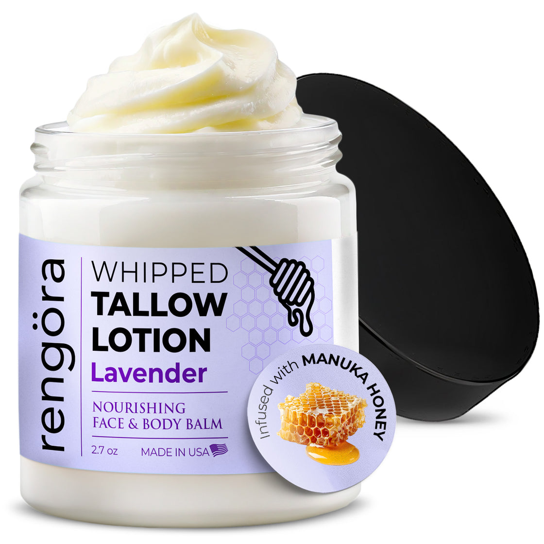 Product-focused image of an open jar of Rengöra Whipped Tallow Lotion – Lavender. The cream is swirled at the top with the lid off, highlighting label details and a Manuka honey badge