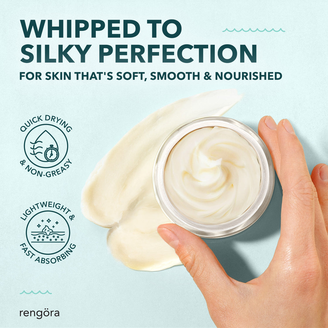 Top view of hand holding open jar of Rengöra Whipped Tallow Lotion with smooth cream texture and text highlighting quick-drying, lightweight, and fast-absorbing qualities.