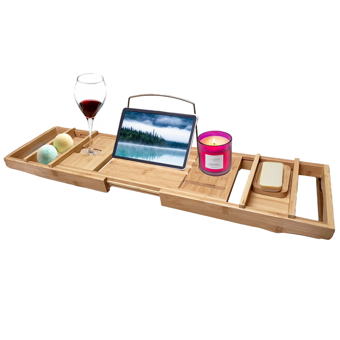 Bamboo Bathtub Tray, Expandable to 43", Fits Large and Standard Tubs, Holds Wine Glass, Tablet, Phone, Book