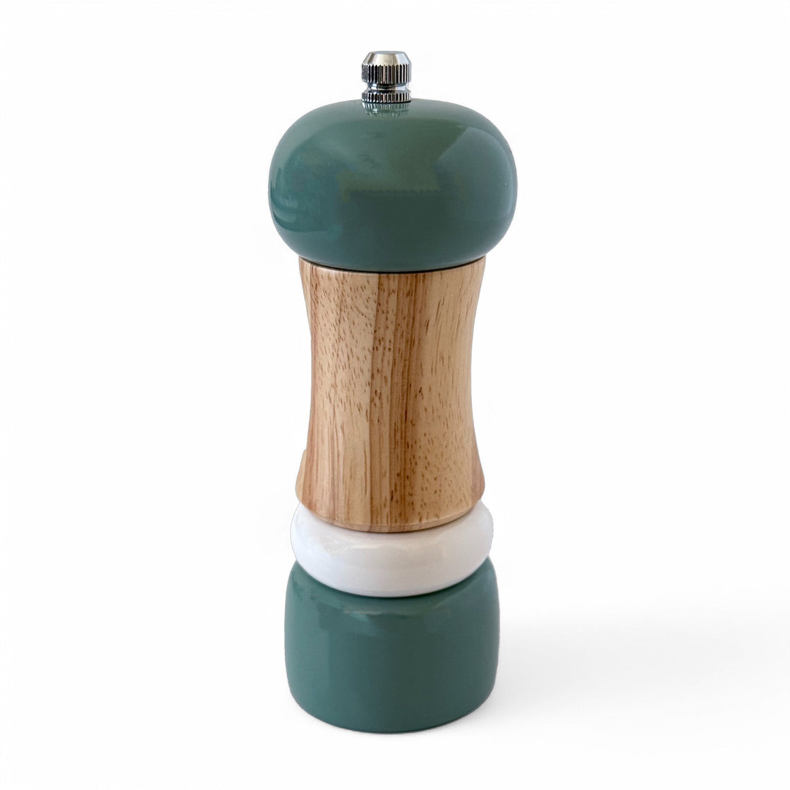 Teal wooden pepper grinder with a sleek, modern shape featuring natural wood tones and glossy teal accents on a clean white background.