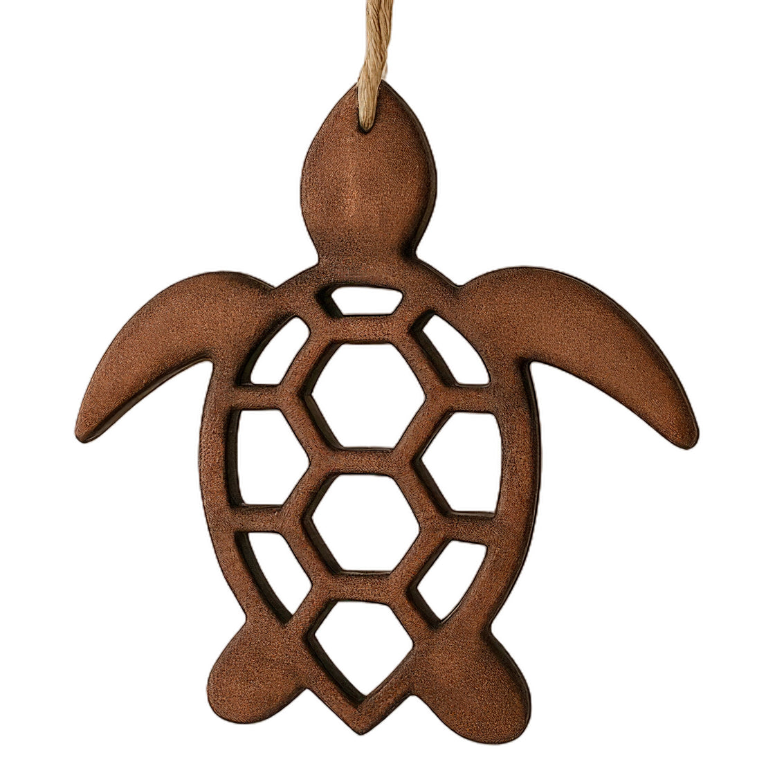 Wooden turtle ornament hanging on a white background