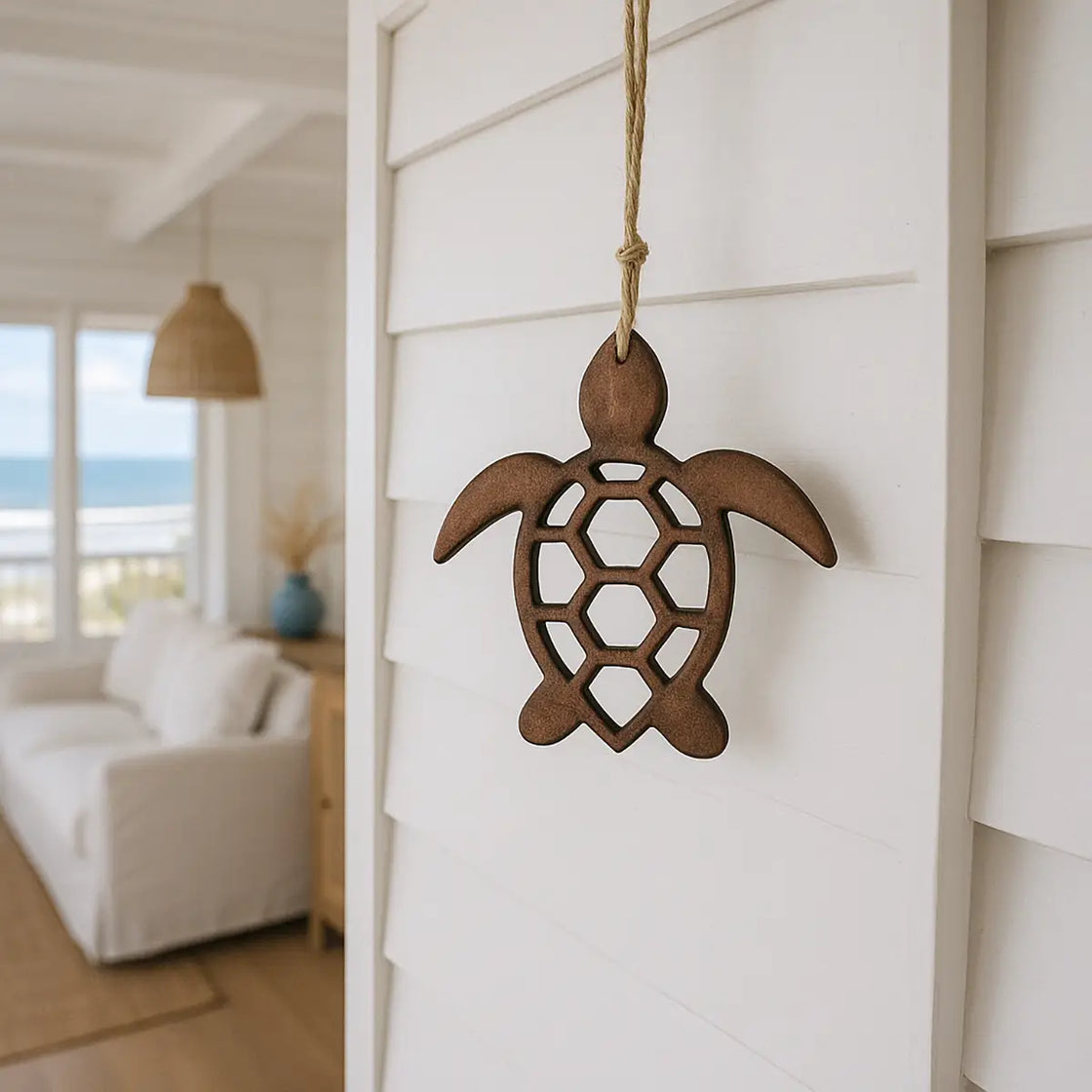 Wooden turtle ornament hanging on a white wall with a blurred beach scene in the background