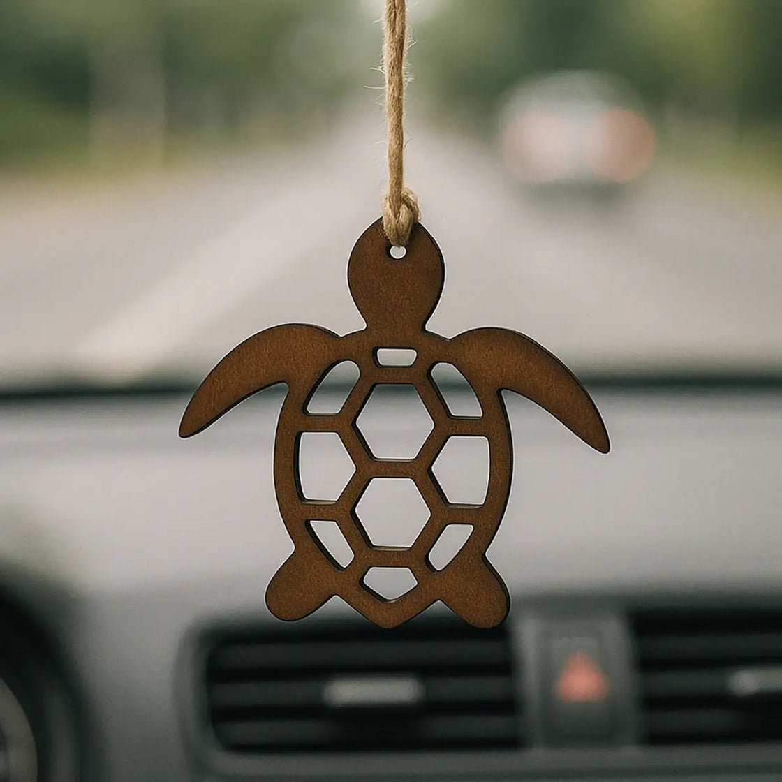 Turtle-shaped car hanging ornament on a blurred road background