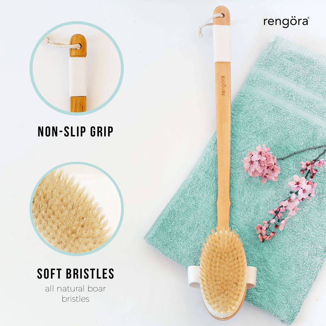 An overhead perspective of the rengora 20-inch back brush, highlighting the anti-slip grip and the gentle texture of its bristles