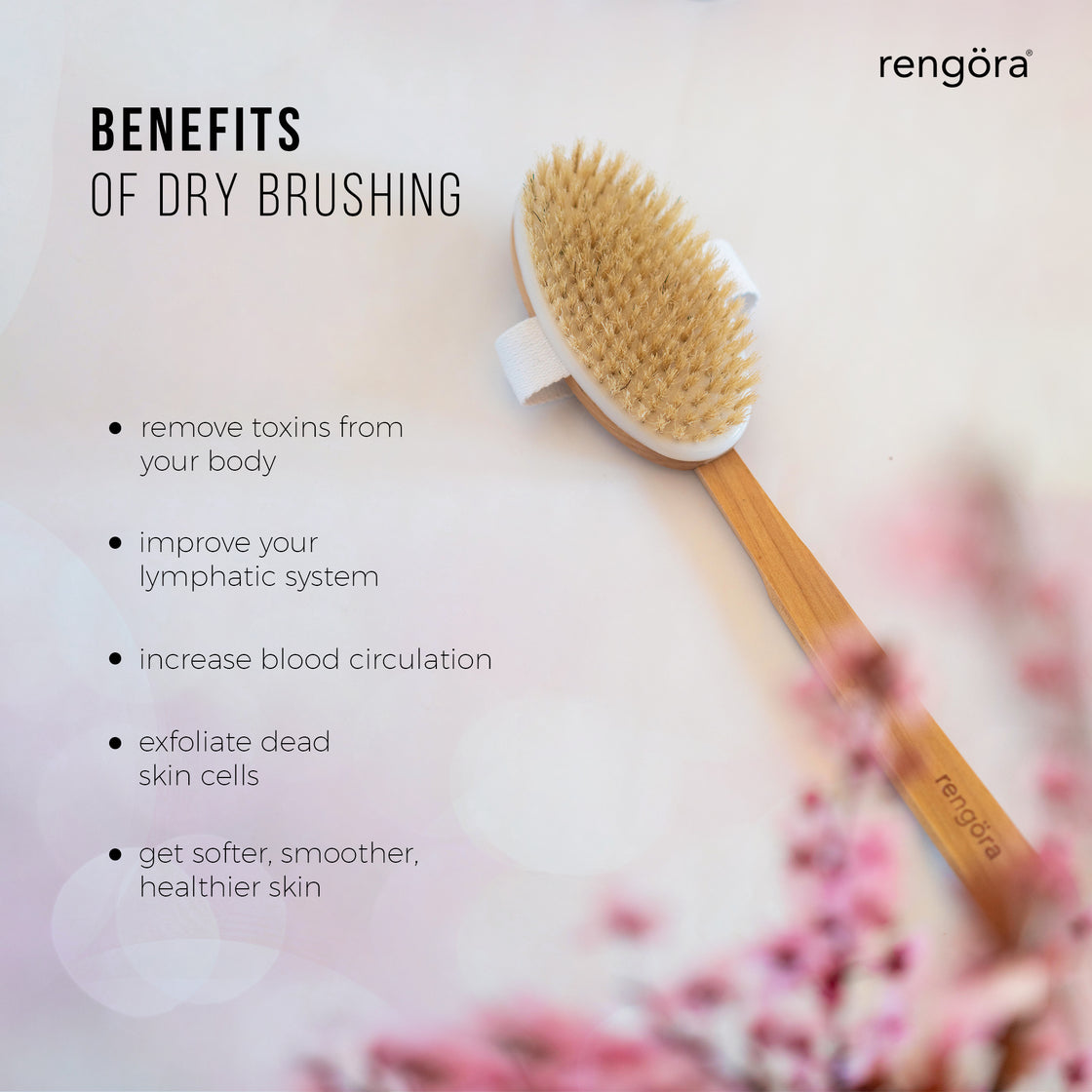 Utilizing the Rengora brush offers numerous advantages, including the elimination of toxins from your body, enhancement of your lymphatic system, improved blood circulation, exfoliation of dead skin cells, and the promotion of softer, smoother, and healthier skin