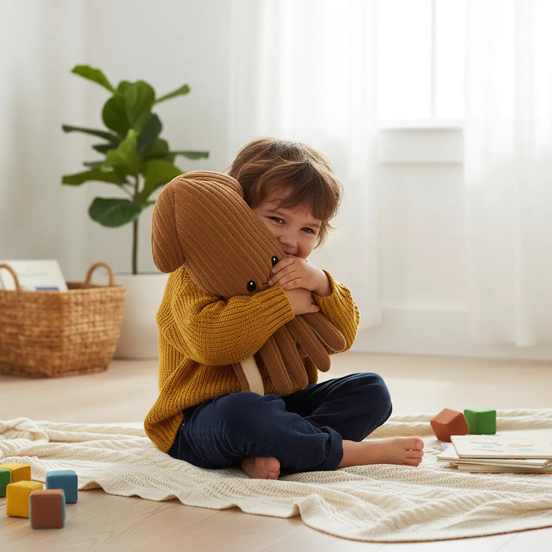 Child hugging a octopus plush on a blanket in a bright room with toys around