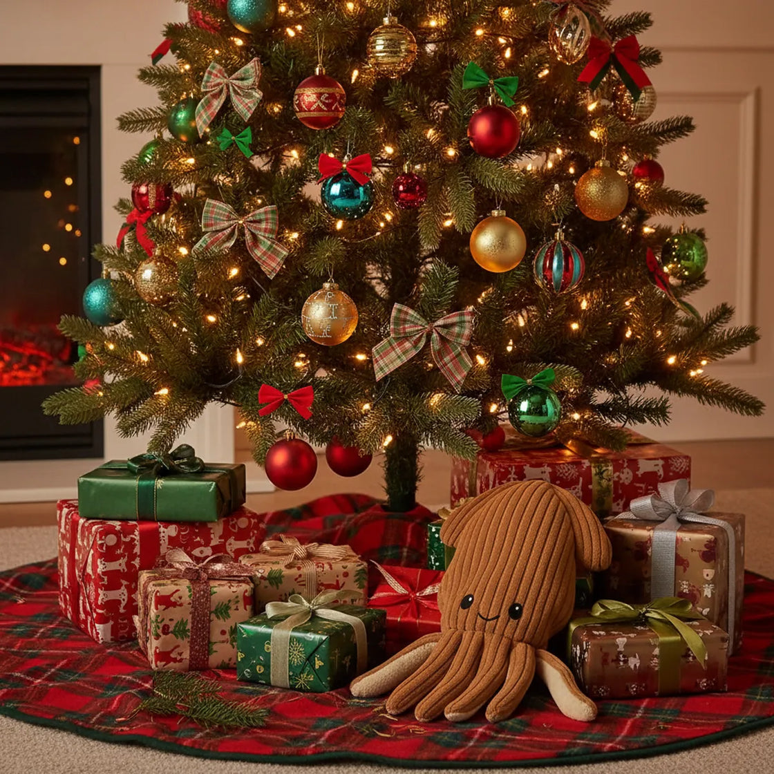 Decorated Christmas tree with ornaments and presents, featuring a plush octopus toy.