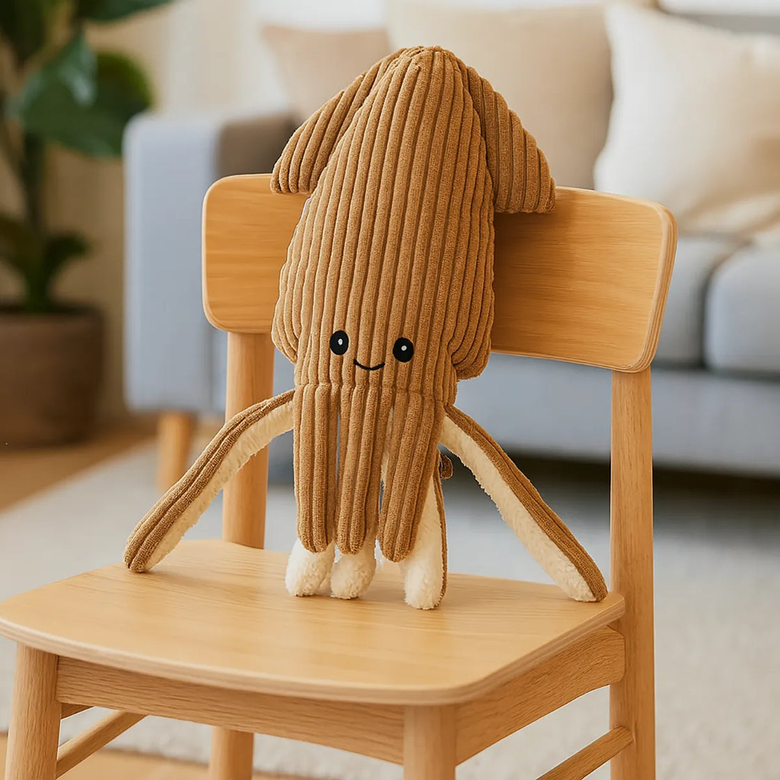 Rengöra soft corduroy squid stuffed animal sitting on wooden chair in bright room