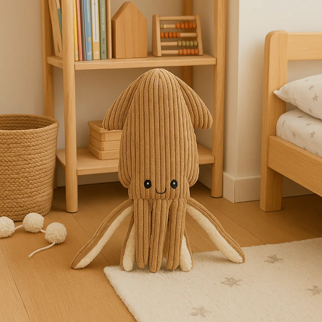 Rengöra plush squid toy in caramel color on rug in natural wooden nursery