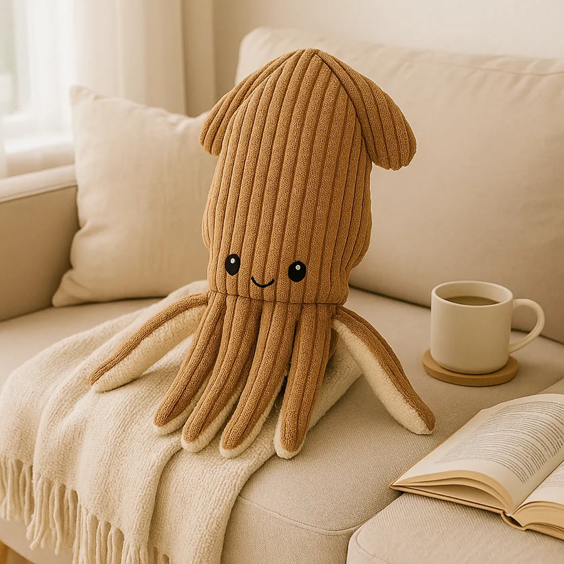Rengöra corduroy squid plush toy resting on beige sofa with cozy blanket and coffee