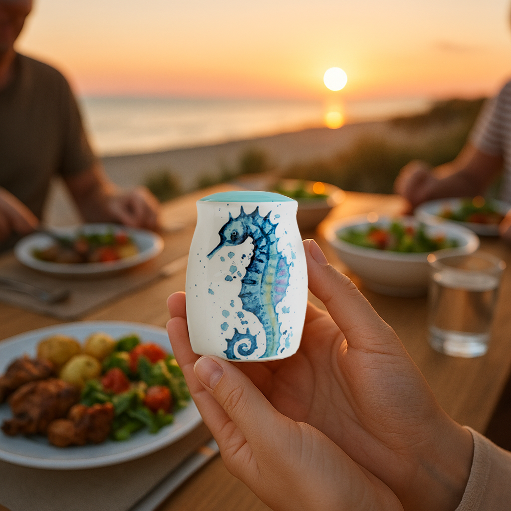 Hand holding a ceramic seahorse salt shaker at an outdoor beachside dinner during sunset