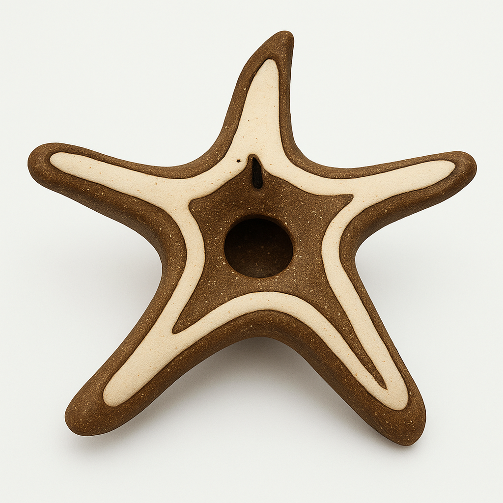 A ceramic starfish-shaped object with a textured brown surface and smooth, cream-colored inlays along its five arms, displayed on a white background with a central circular hole and subtle surface speckles.